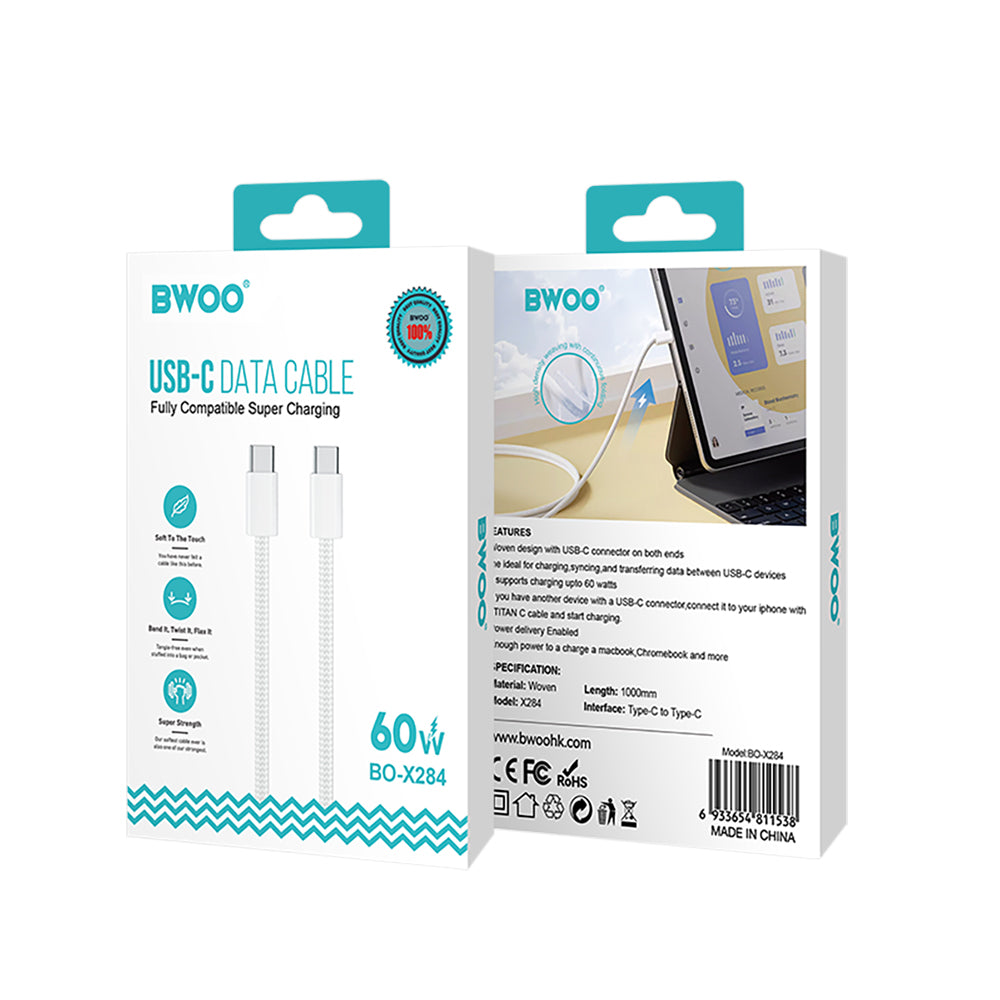 Cable de Datos y Carga USB-C - USB-C BWOO BO-X284, 60W, 1m, Blanco