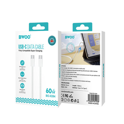 Cable de Datos y Carga USB-C - USB-C BWOO BO-X284, 60W, 1m, Blanco