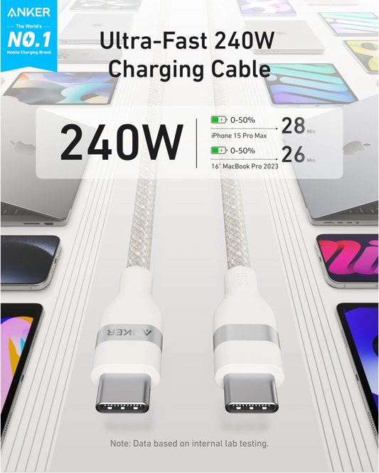 Cable de Datos y Carga USB-C - USB-C Anker, 240W, 1.8m, Blanco A82E2H22