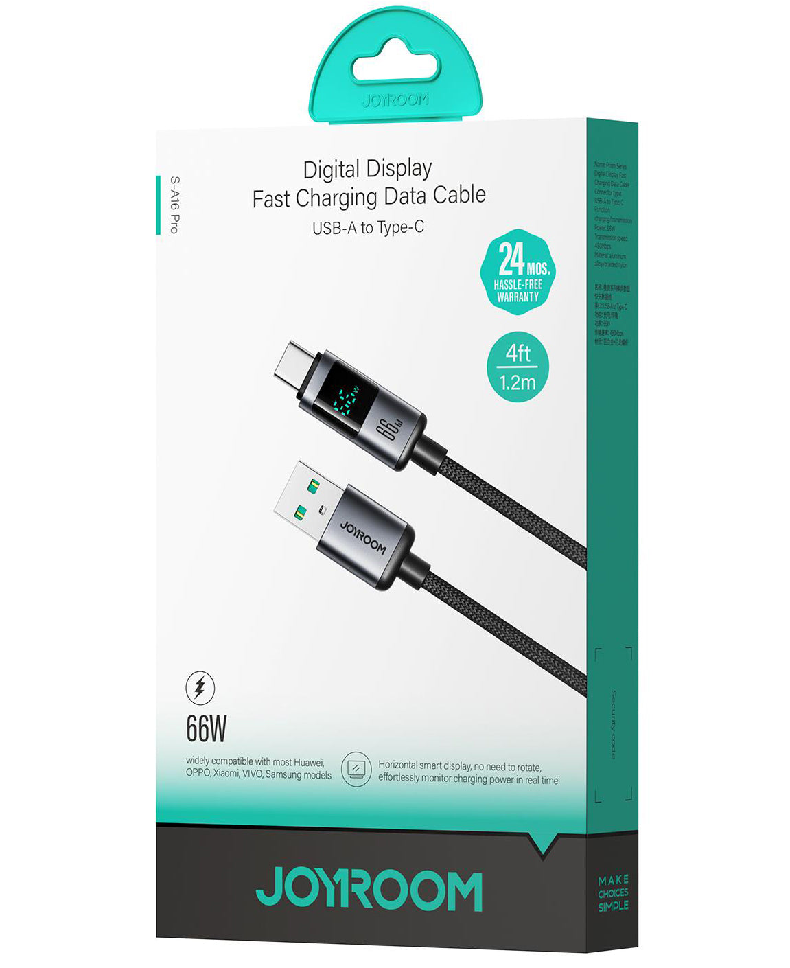Cable de Datos y Carga USB-A - USB-C Joyroom S-A16 Pro Prism Display, 66W, 1.2m, Negro