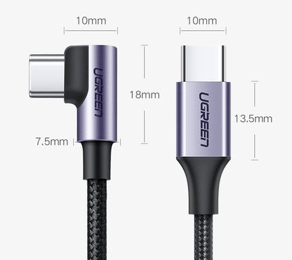 Cable de carga y datos USB-C - USB-C UGREEN US255 USB-C Angled, 60W, 1m, Gris