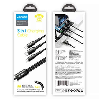 Cable de carga USB-A - Lightning / microUSB / USB-C Joyroom S-1230G4 3en1, 20W, 1,2m, Negro