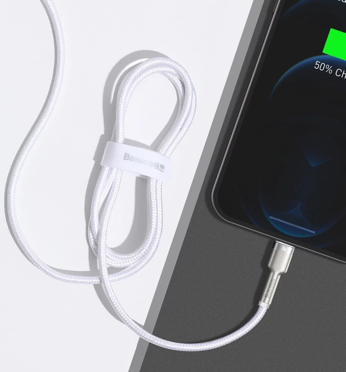 Cable de Datos y Carga USB-C - Lightning Baseus Cafule Metal Series, 20W, 2m, Blanco CATLJK-B02