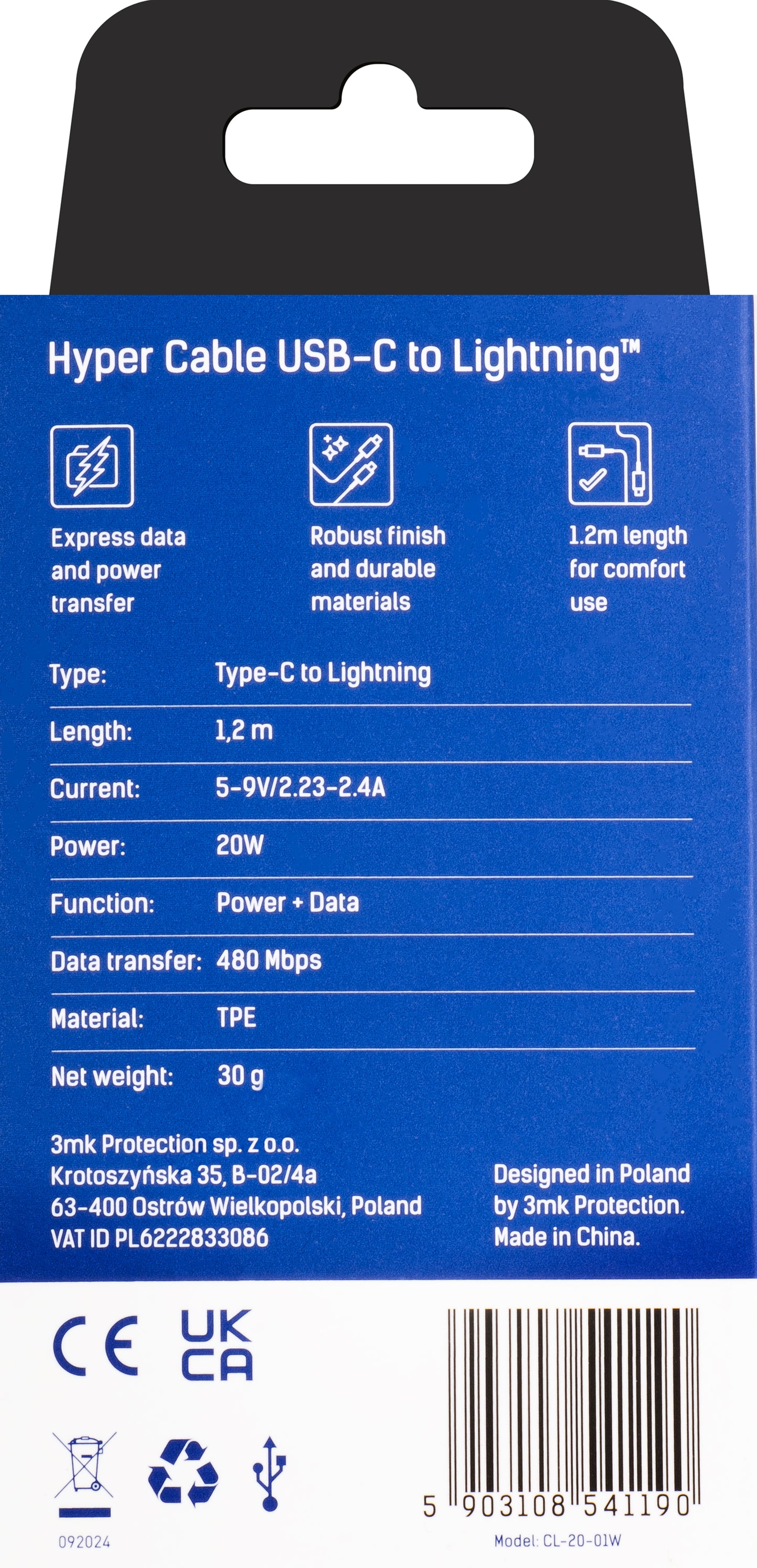 Cable de carga y datos USB-C - Lightning 3MK Hyper, 20W, 1,2m, Blanco 