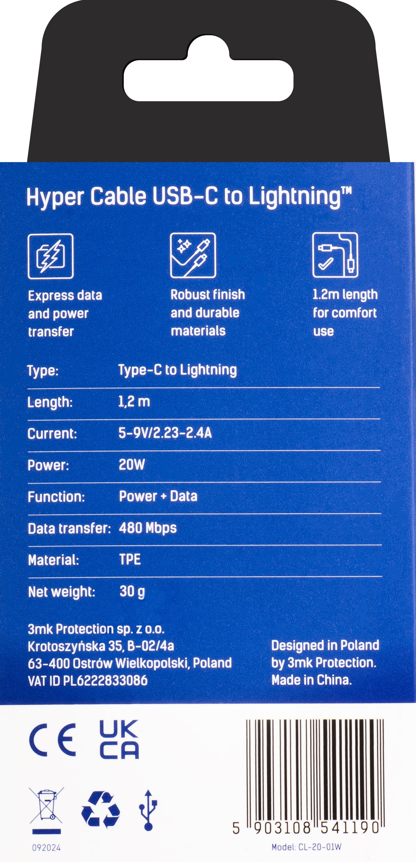 Cable de Datos y Carga USB-C - Lightning 3MK Hyper, 20W, 1.2m, Blanco