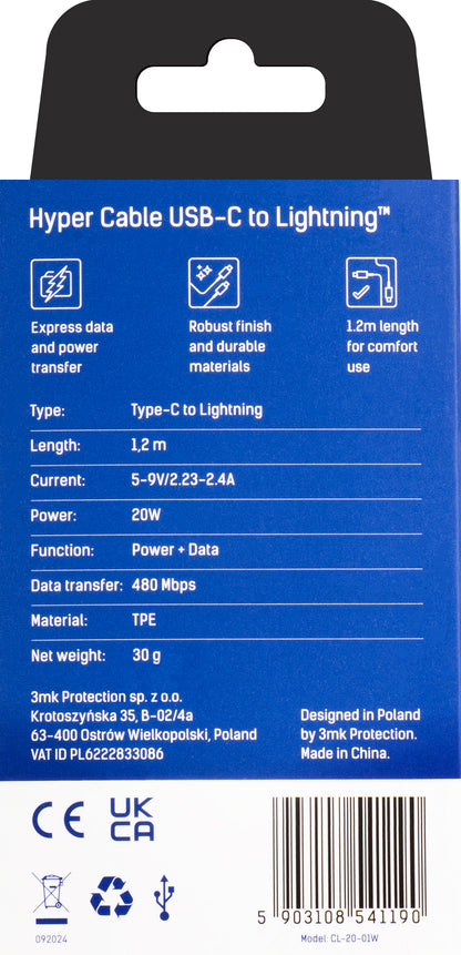 Cable de Datos y Carga USB-C - Lightning 3MK Hyper, 20W, 1.2m, Blanco