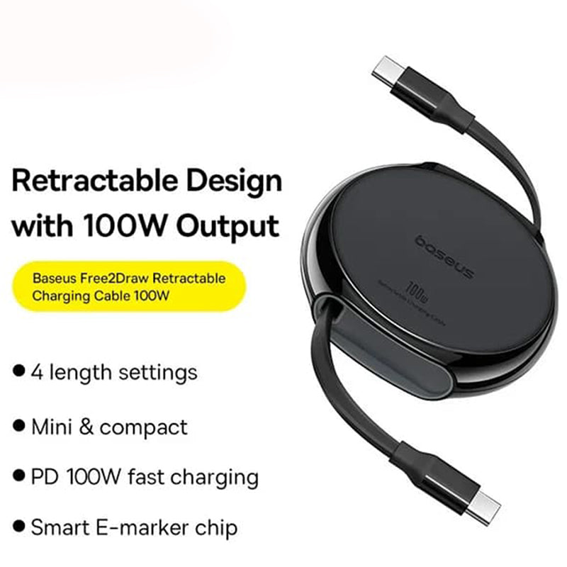 Cable de Datos y Carga USB-C - USB-C Baseus Pathfinder Retractable, 100W, 1m, Negro P10368400111-00