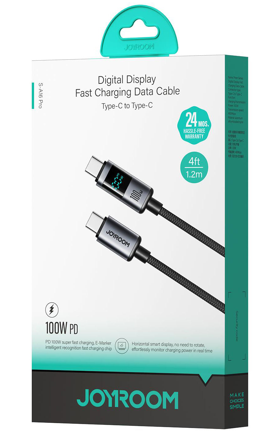 Cable de Datos y Carga USB-C - USB-C Joyroom S-A16 Pro Prism Display, 100W, 1.2m, Negro