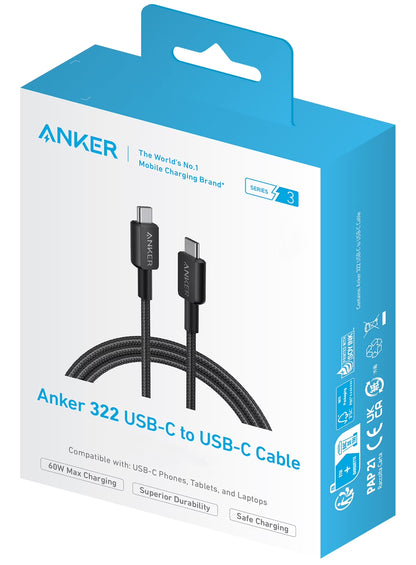 Cable de Datos y Carga USB-C - USB-C Anker 322, 60W, 0.9m, Negro A81F5G11