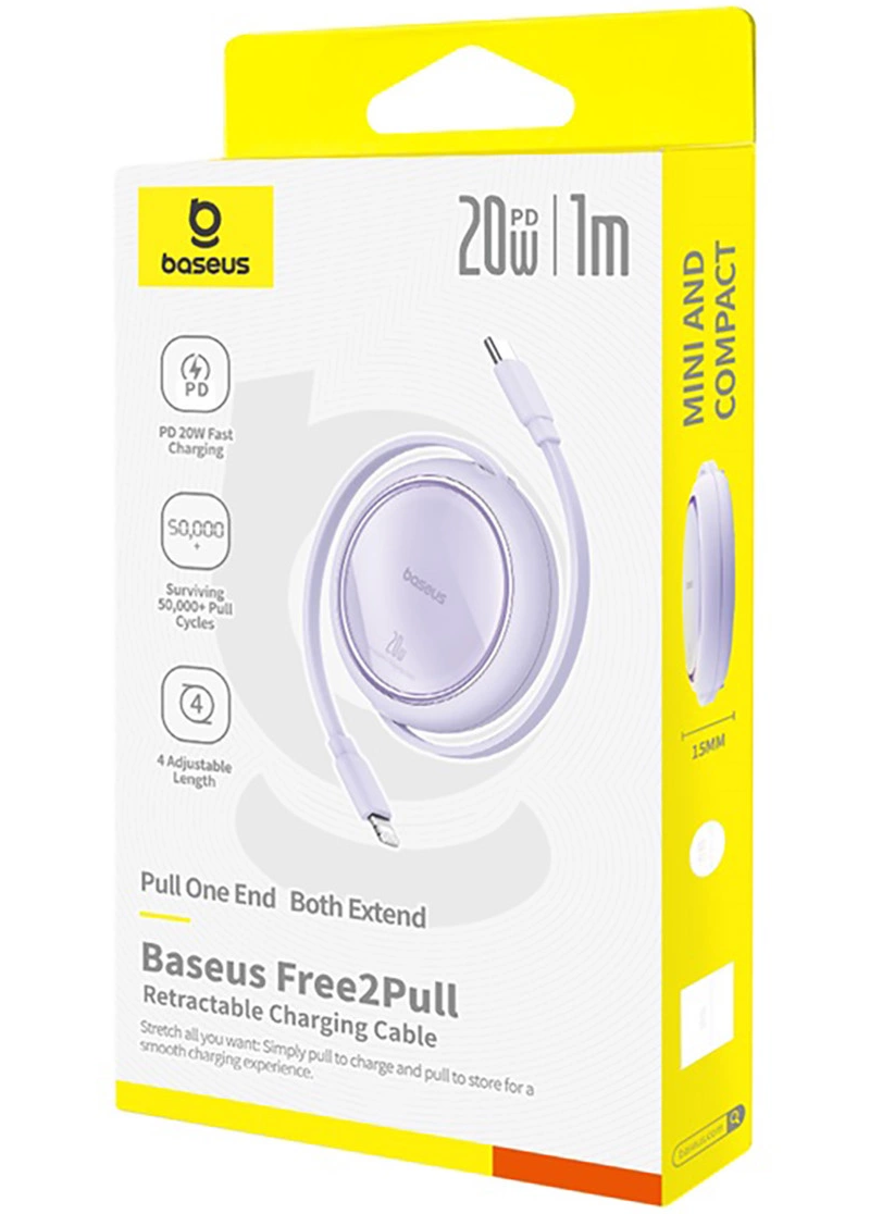 Cable de Datos y Carga USB-C - Lightning Baseus Free2Pull Mini Retráctil, 20W, Morado P10364501511-00