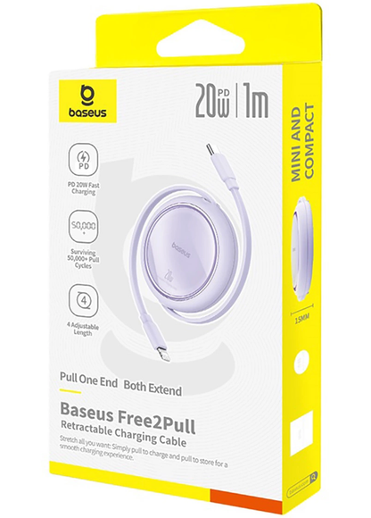 Cable de Datos y Carga USB-C - Lightning Baseus Free2Pull Mini Retráctil, 20W, Morado P10364501511-00