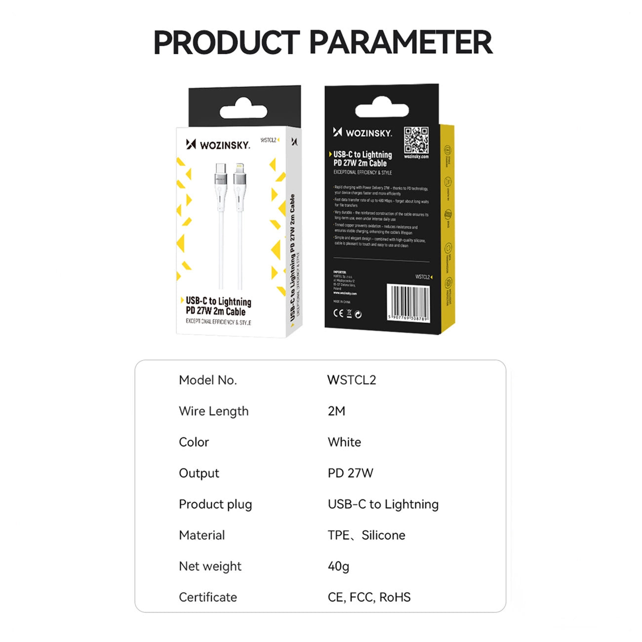 Cable de Datos y Carga USB-C - Lightning WZK WSTCL1, 27W, 1m, Blanco