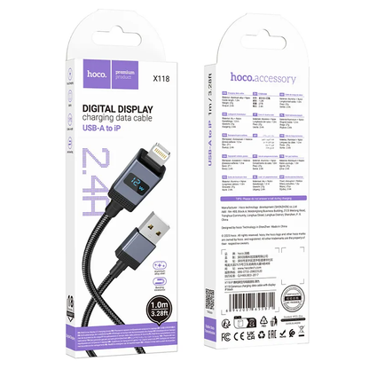 Cable de Datos y Carga USB-A - Lightning HOCO X118 Display, 12W, 1m, Negro