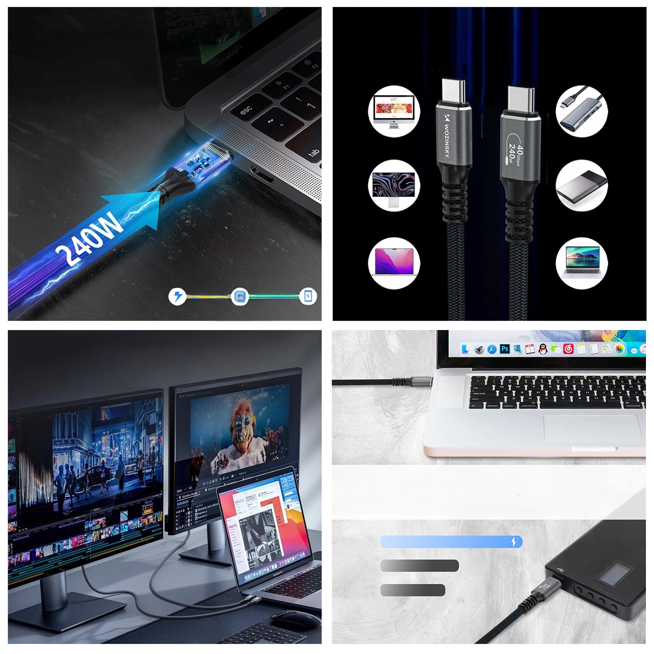 Cable de Datos y Carga USB-C - USB-C WZK WPS-UY42S, 240W, 2m, Negro