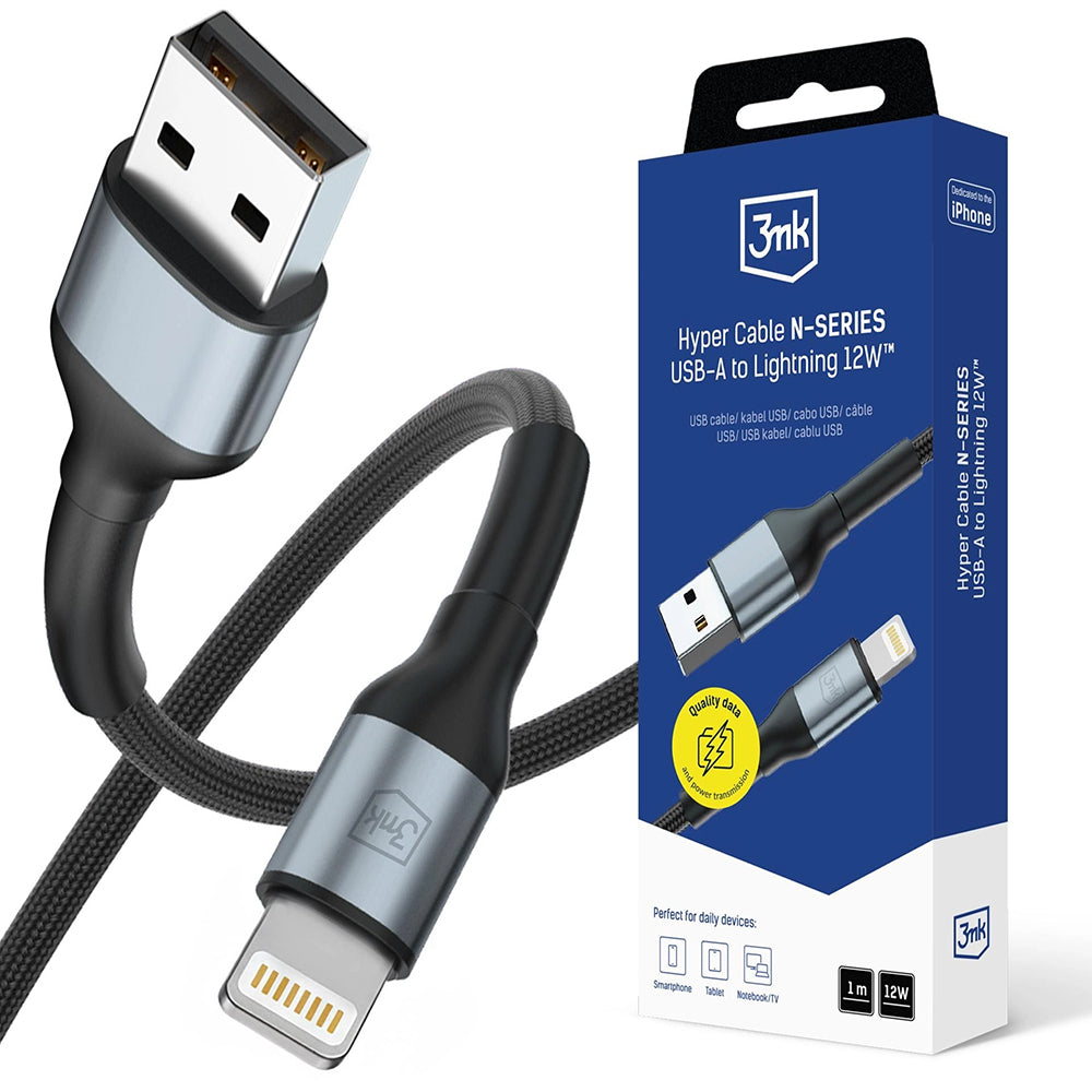 USB-A to Lightning Data and Charging Cable 3MK Hyper N, 12W, 1m, Black