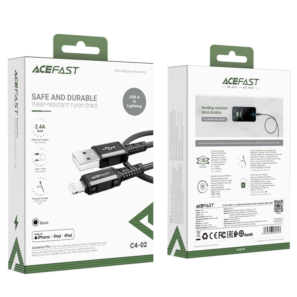 Cable de Datos y Carga USB-A - Lightning Acefast C4-02, 18W, 1.8m, Negro