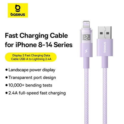 Cable de Datos y Carga USB-A - Lightning Baseus Display 2, 12W, 2m, Morado P10382700511-01