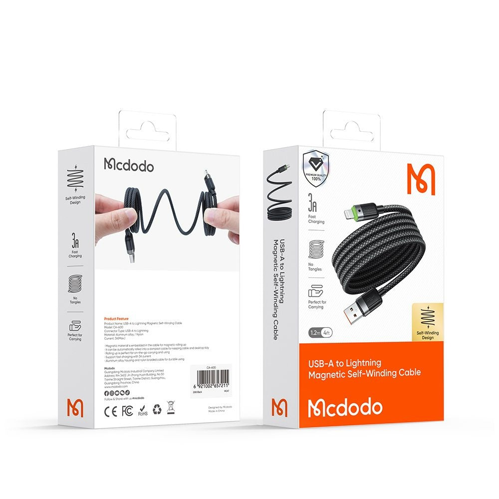 Cable de Datos y Carga USB-A - Lightning McDodo CA-6000 Autoenrollable, 18W, 1.2m, Negro