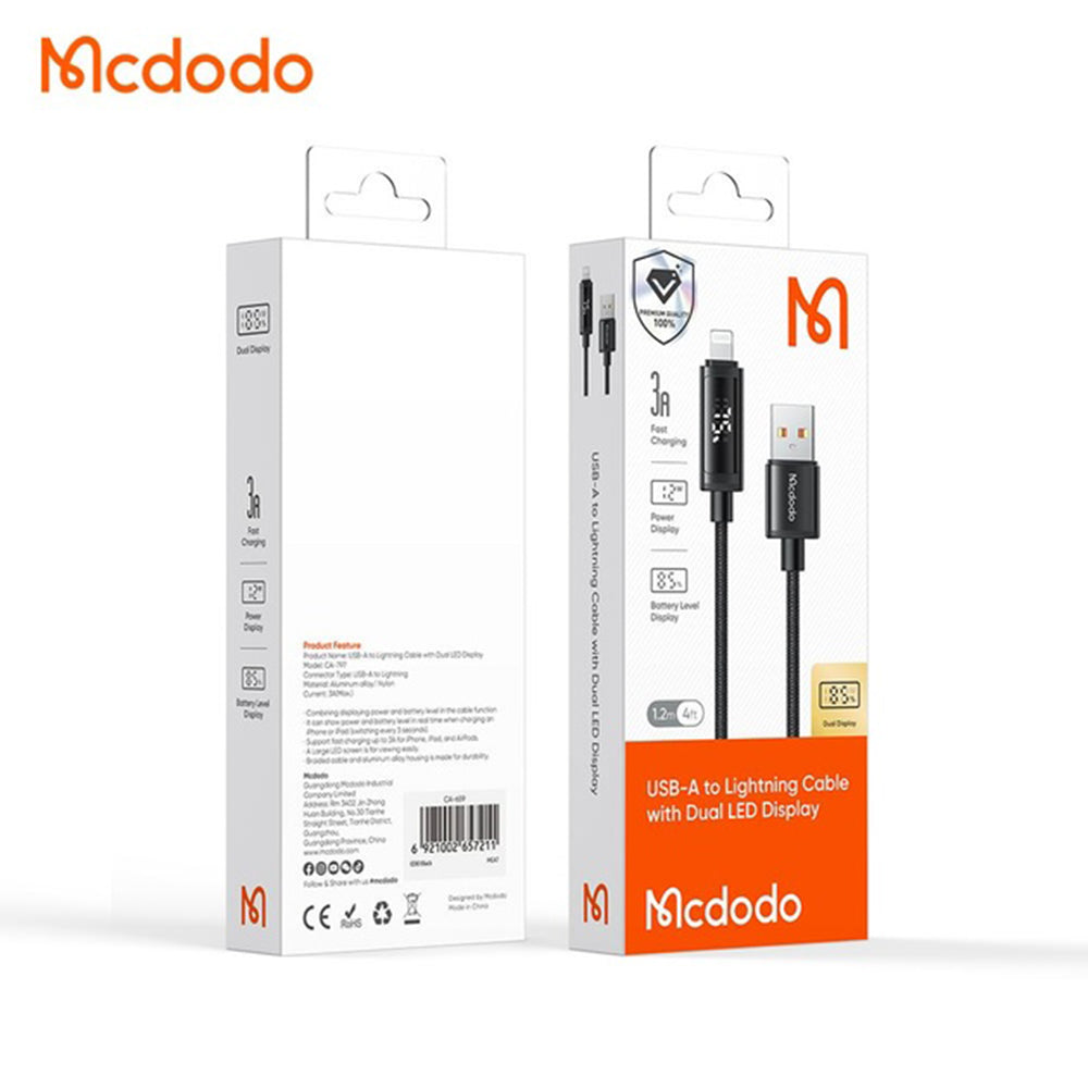 Cable de Datos y Carga USB-A - Lightning McDodo CA-7970 Display, 18W, 1.2m, Negro