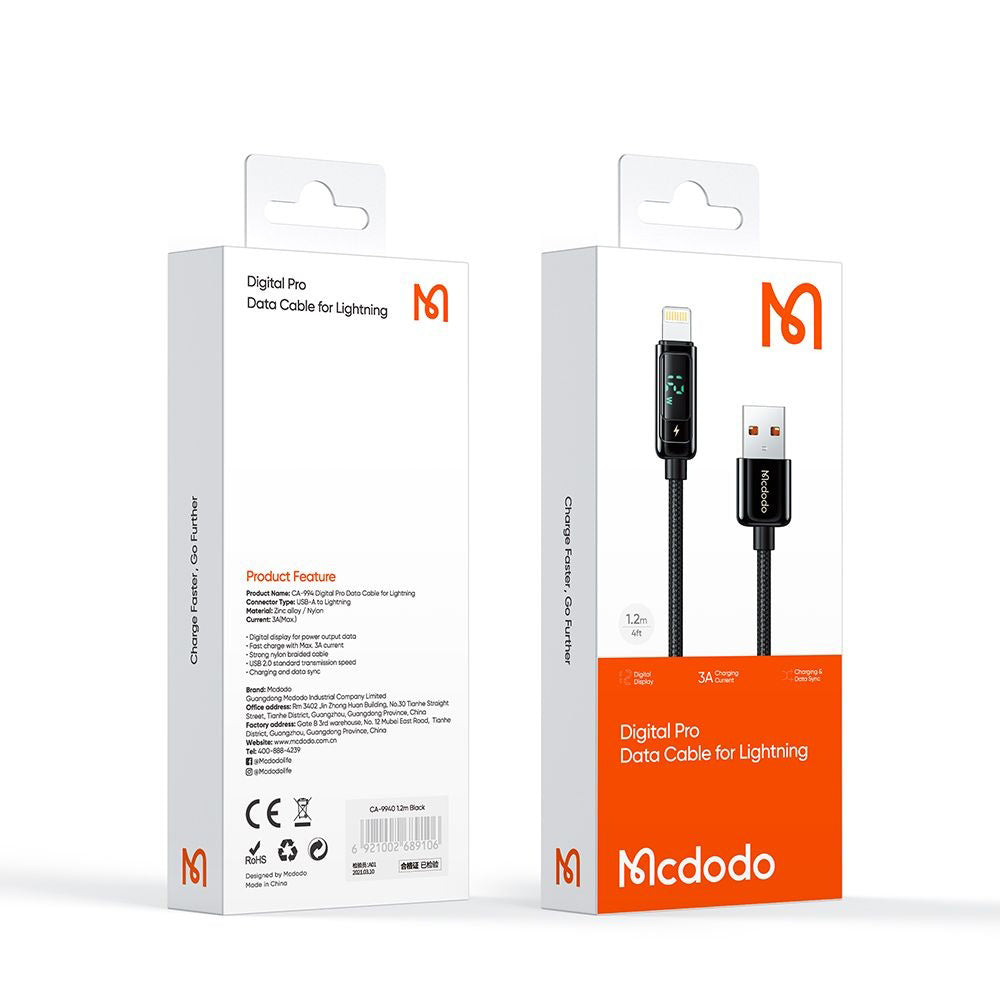 Cable de Datos y Carga USB-A - Lightning McDodo CA-9940 Display, 12W, 1.2m, Negro