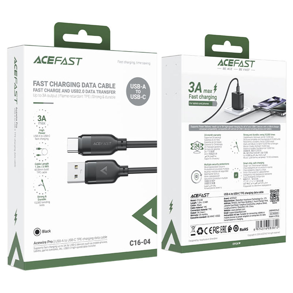 Cable de Datos y Carga USB-A - USB-C Acefast C16-04, 18W, 1.2m, Negro