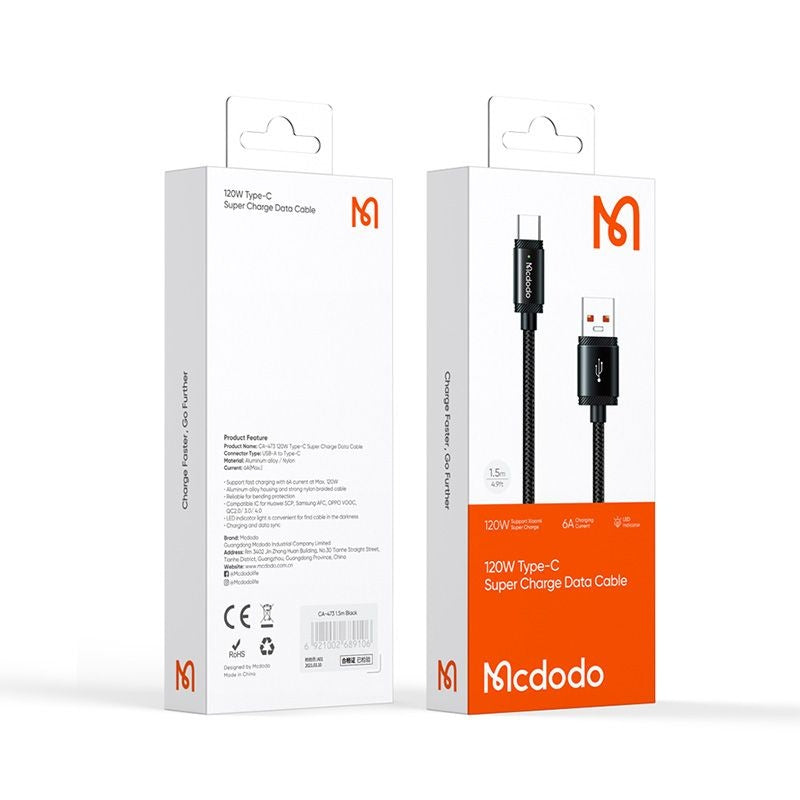 Cable de Datos y Carga USB-A - USB-C McDodo CA-4730, 120W, 1.5m, Negro