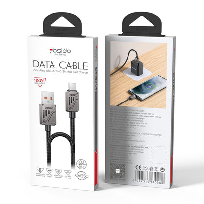 USB-A to USB-C Data and Charging Cable Yesido CA135C, 18W, 1.2m, Black