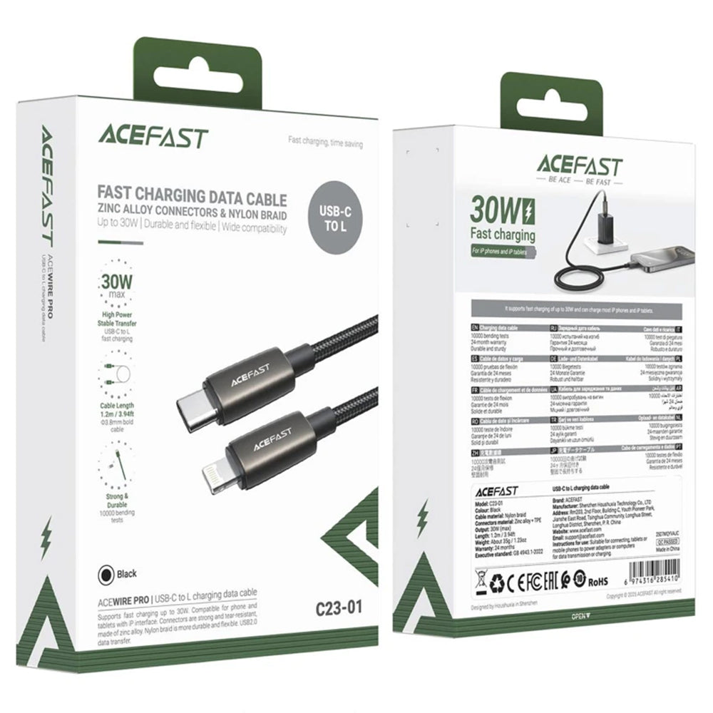 Cable de Datos y Carga USB-C - Lightning Acefast C23-01, 30W, 1.2m, Negro