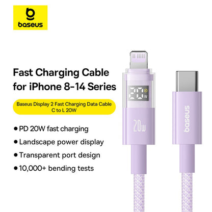 Cable de Datos y Carga USB-C - Lightning Baseus Display 2, 20W, 2m, Morado P10382703511-01