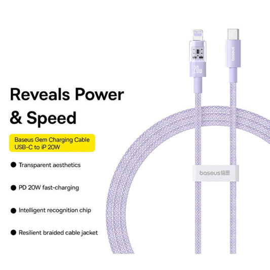 Cable de Datos y Carga USB-C - Lightning Baseus Gem, 20W, 2m, Morado P10373001511-01
