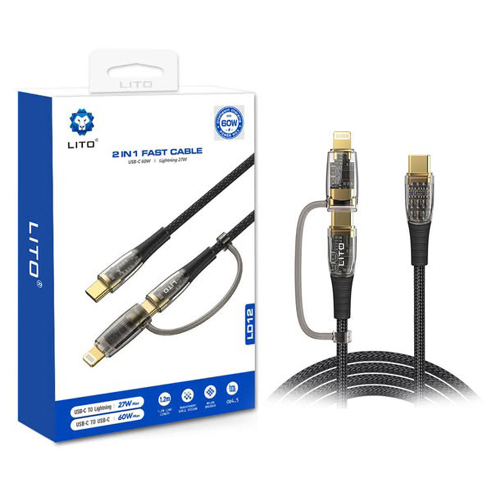 USB-C - Lightning / USB-C Lito LD12 Data and Charging Cable, 60W, 1.2m, Black