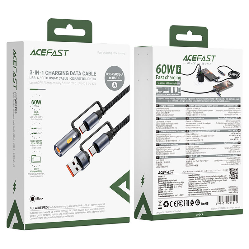 Cable de Datos y Carga USB-C / USB-A - USB-C / Encendedor Eléctrico Acefast J6, 60W, 1.2m, Negro