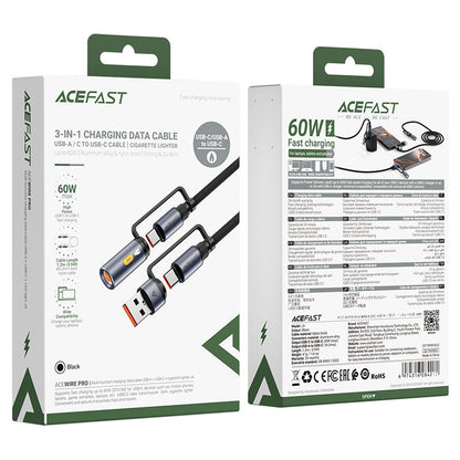 Cable de Datos y Carga USB-C / USB-A - USB-C / Encendedor Eléctrico Acefast J6, 60W, 1.2m, Negro