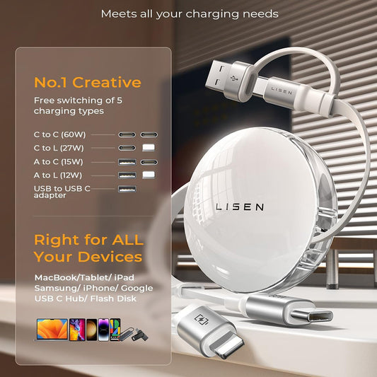 Cable de Datos y Carga USB-C / USB-A - USB-C / Lightning Lisen, 60W, 1m, Blanco YL0123030001