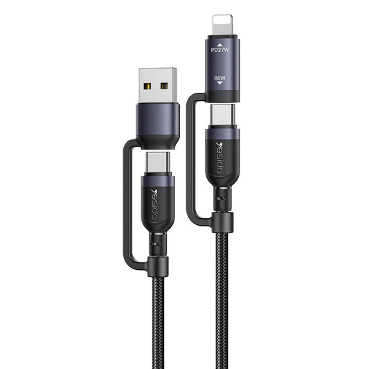 Cable de Datos y Carga USB-C / USB-A - USB-C / Lightning Yesido CA200, 60W, 1.2m, Negro
