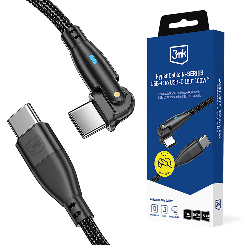 Cable de Datos y Carga USB-C - USB-C 3MK Hyper N Angulado, 100W, 1m, Negro