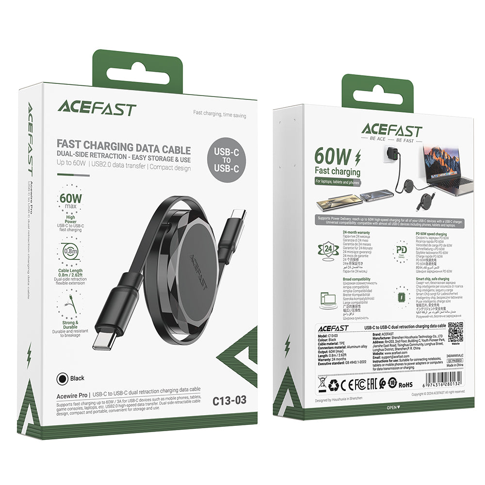 Cable de Datos y Carga USB-C - USB-C Acefast C13-03, 60W, 0.8m, Negro