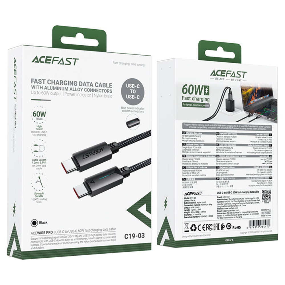 Cable de Datos y Carga USB-C - USB-C Acefast C19-03, 60W, 1.2m, Negro