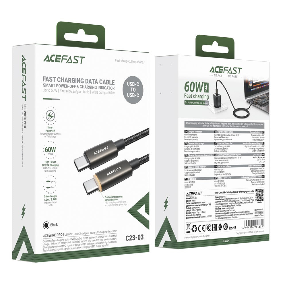Cable de Datos y Carga USB-C - USB-C Acefast C23-03, 60W, 1.2m, Negro