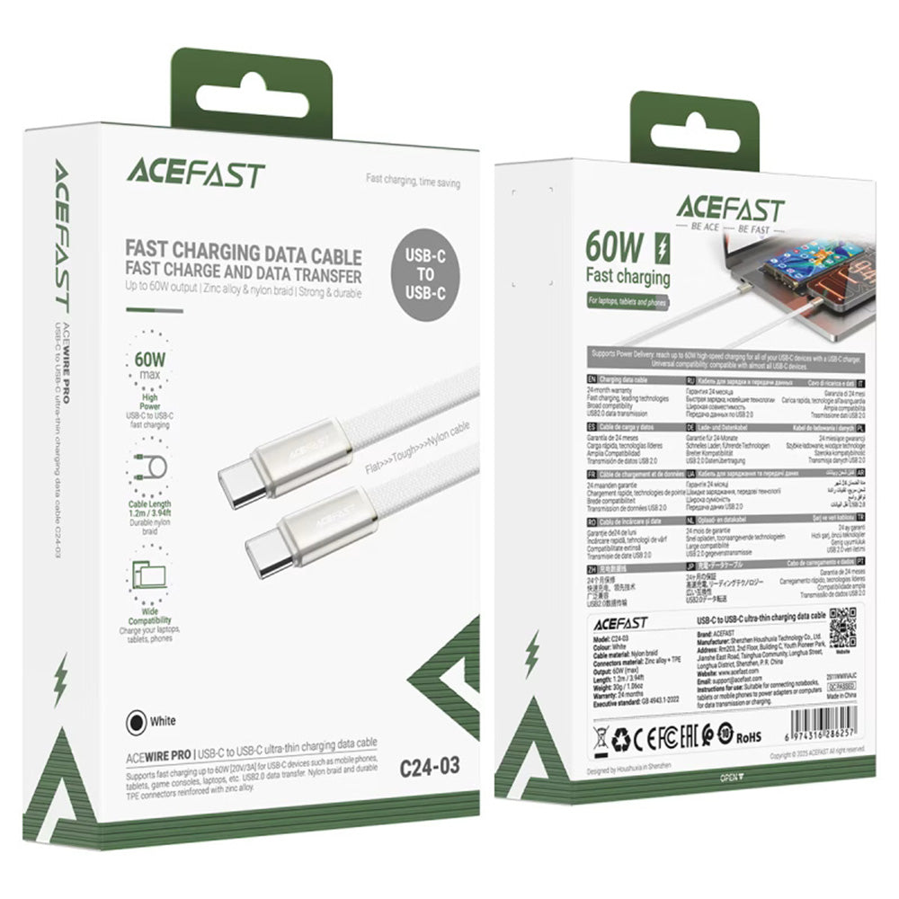 Cable de Datos y Carga USB-C - USB-C Acefast C24-03, 60W, 1.2m, Blanco
