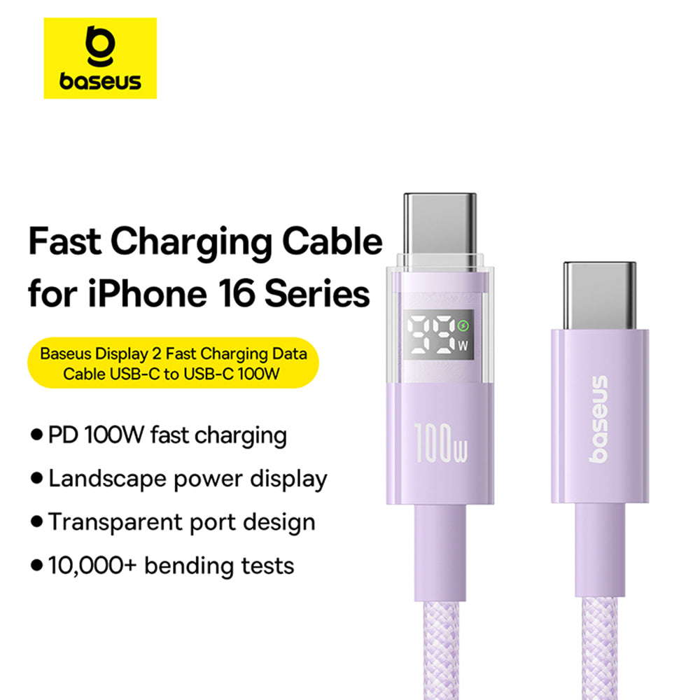 Cable de Datos y Carga USB-C - USB-C Baseus Display 2, 100W, 2m, Morado P10382702511-01