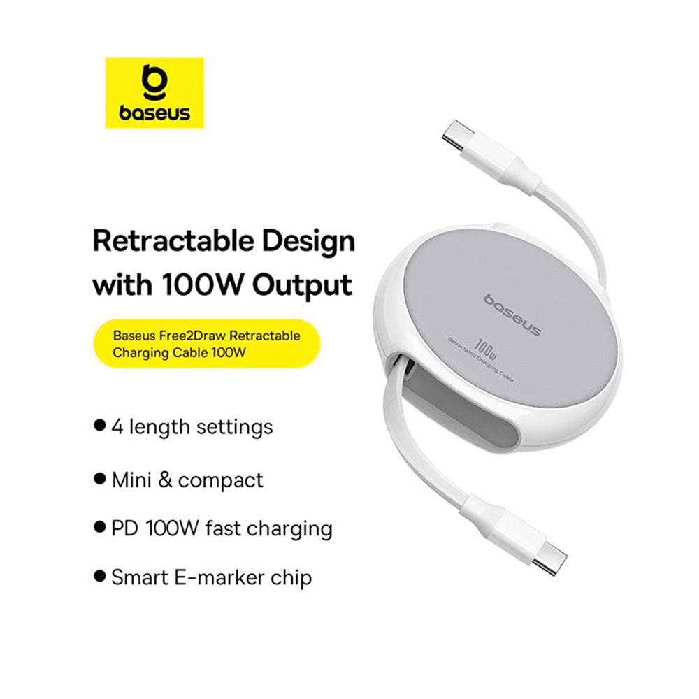 Cable de Datos y Carga USB-C - USB-C Baseus Pathfinder Retractable, 100W, 1m, Blanco P10368400211-00