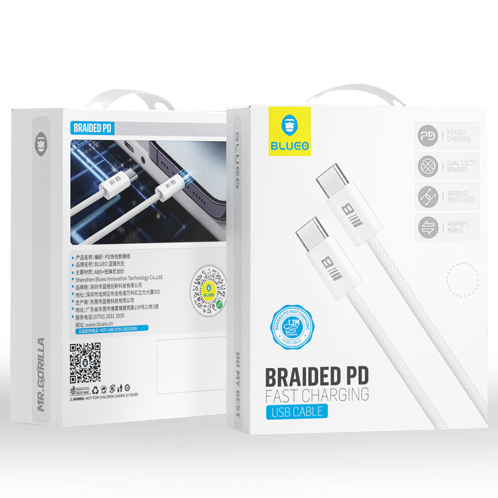 Cable de Datos y Carga USB-C - USB-C Blueo, 100W, 1.2m, Blanco