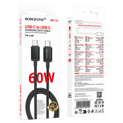 Cable de Datos y Carga USB-C - USB-C Borofone BX120 Placer, 60W, 1m, Negro