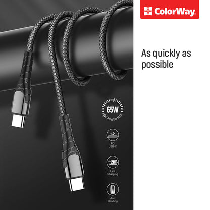 Cable de Datos y Carga USB-C - USB-C ColorWay CW-CBPDCC040, 65W, 1m, Gris