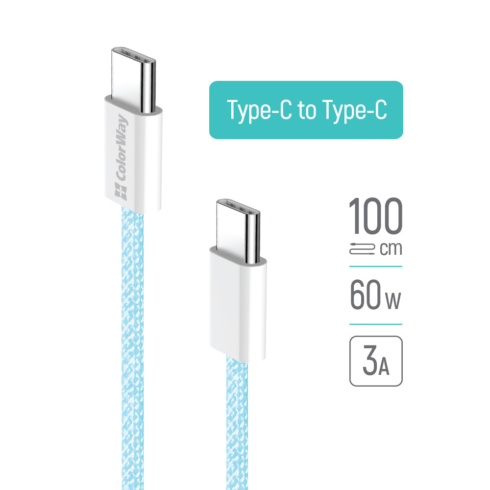 Cable de Datos y Carga USB-C - USB-C ColorWay CW-CBPDCC061, 60W, 1m, Azul
