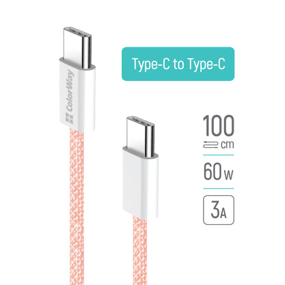 Cable de Datos y Carga USB-C - USB-C ColorWay CW-CBPDCC061, 60W, 1m, Rosa