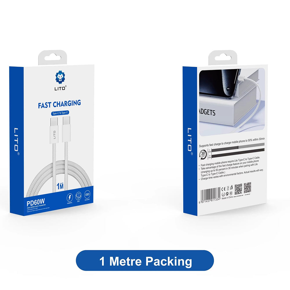 Cable de Datos y Carga USB-C - USB-C Lito LD04CC, 60W, 1m, Blanco