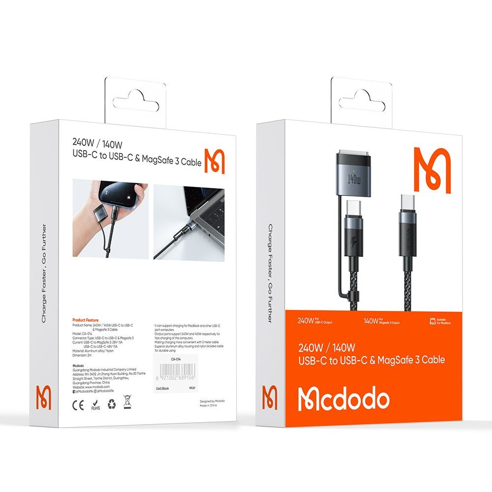 Cable de Carga McDodo CA-0140, USB-C - USB-C / MagSafe 3, 240W, 2m, Negro