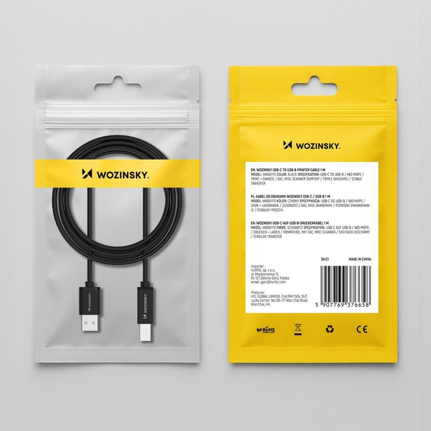 Cable de impresora WZK WKDDY3S, USB-A - USB-B, 2m, Negro